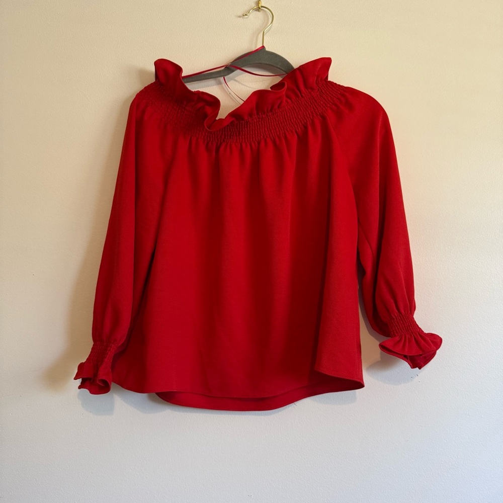 Tuckernuck Red Off the Shoulder Marguerite Blouse ruffle small - Picture 2 of 4